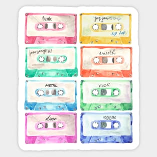 Colorful cassettes watercolors composition Sticker